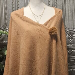 Women's Tan Shawl Wrap with Faux Fur Accent